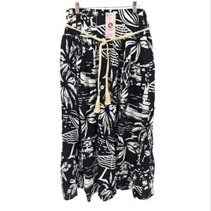 Panama Jack NWT Maxi Skirt XS Tropical Seaside Print Black & Cream Linen Blend